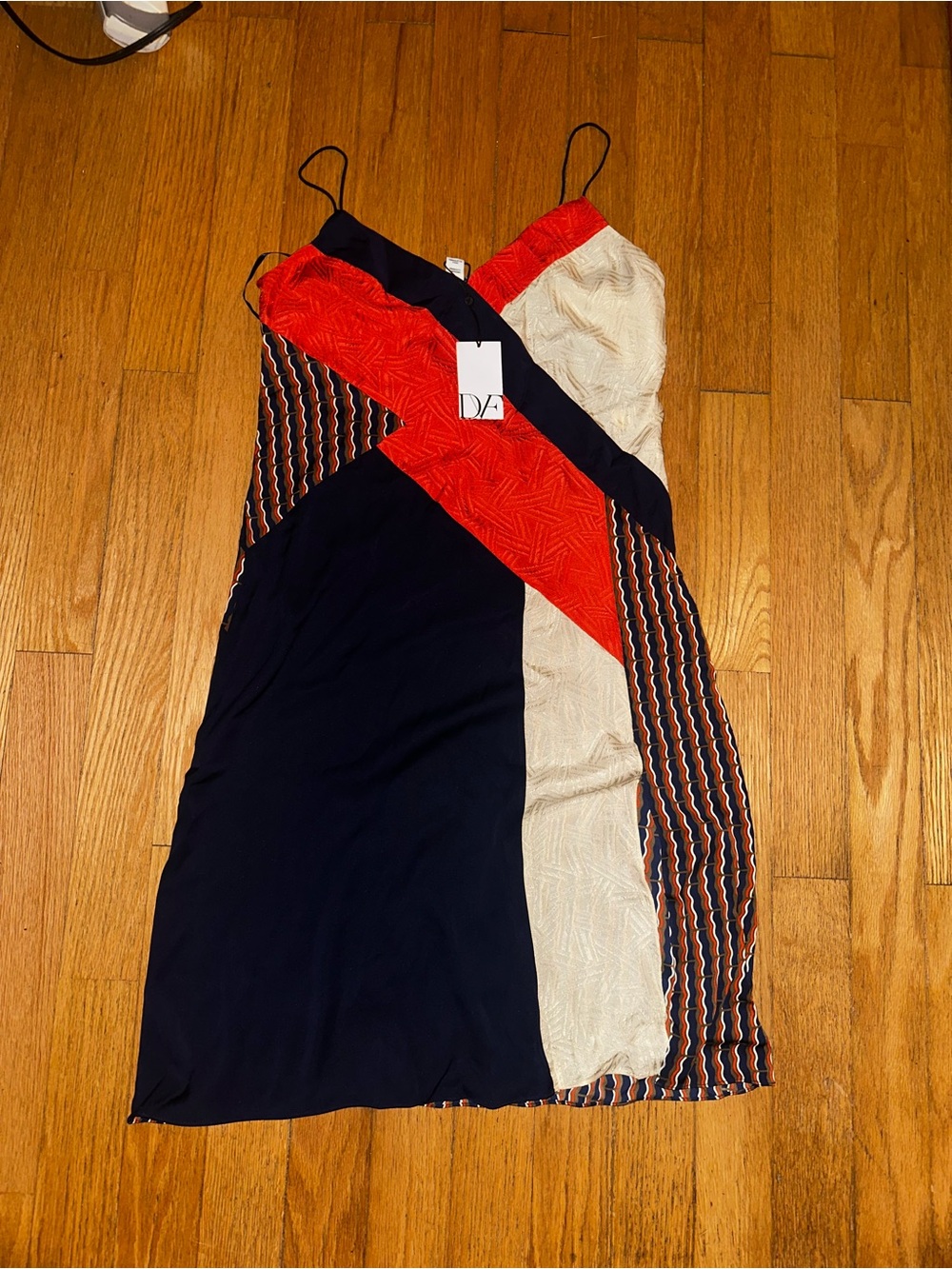 Diane Von Furstenberg Navy, Red & Cream Colorblock Slip Midi Dress - Picture 3 of 3